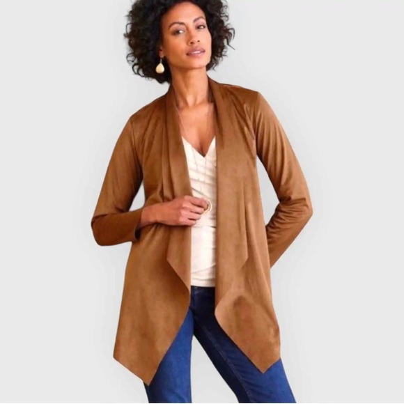 Soft Surroundings Sweaters - Soft Surroundings Faux Suede Tan Camel Open Waterfall Cardigan Blazer